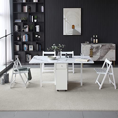 FUNROLUX Folding Dining Table with Rack and 2 Storage Drawers, Movable Extendable Space Saving Kitchen Table in 3 Forms (W...