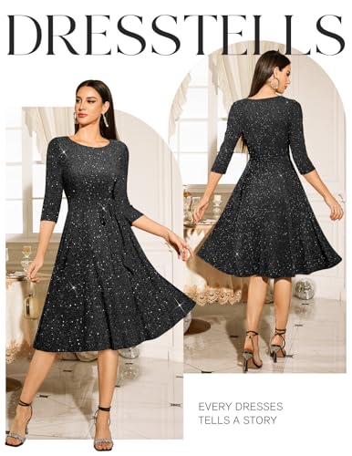 DRESSTELLS Sequin Cocktail Dresses for Women, Formal Wedding Guest 3/4 Sleeves Sparkly Evening Party Dress