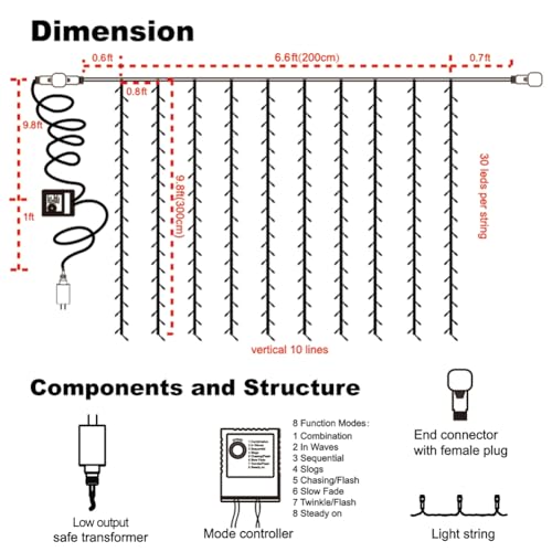 WATERGLIDE 300 LED Curtain Lights, Remote Control Christmas Decorative Hanging String Lights, 8 Lighting Modes, Plug in fo...
