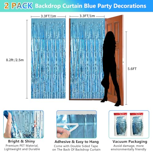 Blue Streamers Party Decorations 3.3x8.2ft 2 Pack Light Blue Tinsel Foil Fringe Curtain Backdrop Ocean Themed Party Decor ...