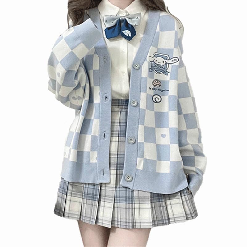 Kawaii Sweater Anime Blue Plaid Cardigan Sweaters for Women Cosplay Costume V Neck Long Sleeve Women's Button Knitted Outerwear JK Uniform S