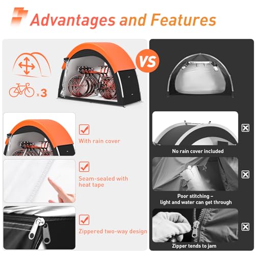 PZT Upgraded Bike Tent with Rain Cover, Portable Outdoor Storage Shed for 2 Bikes, 210D Oxford Fabric PU4000 Waterproof, B...