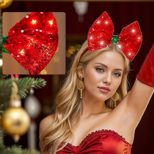 Coridy Light Up Headbands Red Bow Hairband Bling Sequin hair Accessories for Women