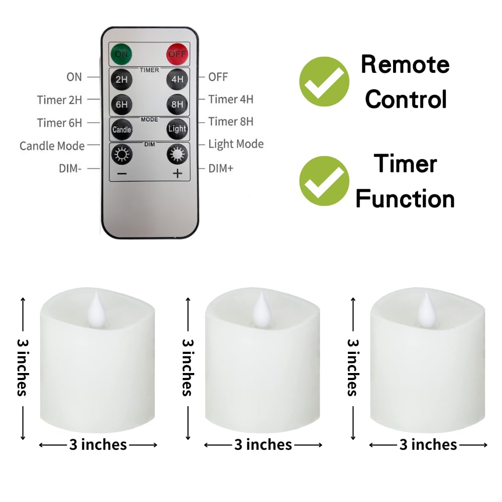 3X3 Flickering Flameless Candles Set Of 3,3 Inch Real Wax Led 600 Hours Battery Candles With Timer Remote,Control For Wedding Pa