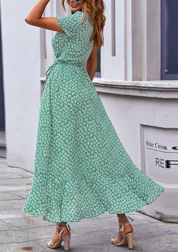 PRETTYGARDEN Women's Boho Floral Maxi Dress Summer Short Sleeve Wrap V Neck Long Flowy Beach Vacation Wedding Guest Dresses