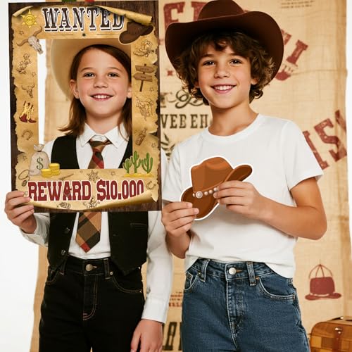 SKJIAYEE 25 Pcs Brown Western Cowboy Cowgirl Party Decorations - Large Size Western Wanted Photo Booth Frame and Wild West...