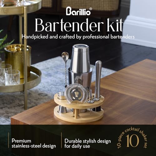Barillio Elite Mixology Bartender Kit with Stand - Cocktail Shaker Set with Bamboo Stand, Boston Drink Shaker, Mojito Mudd...
