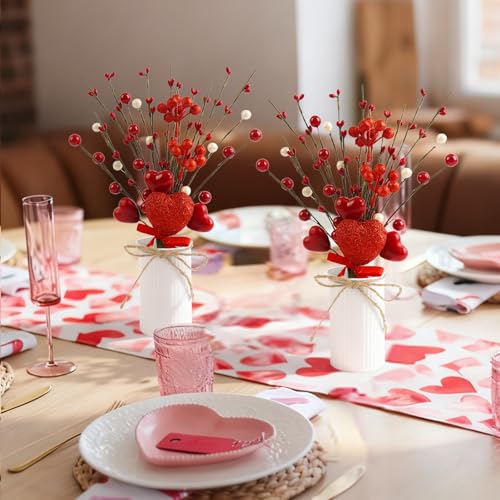 Luabue 2 Sets Valentines Day Decorations for Home, Valentines Table Decor Red Valentine Picks with Pearls Artificial Flowe...