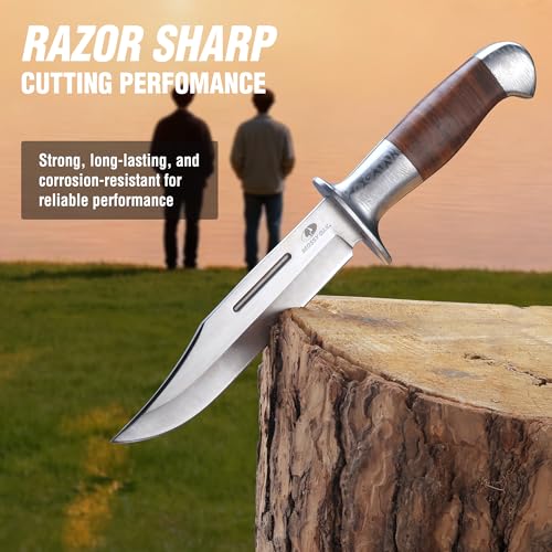 Mossy Oak Fixed Blade Bowie Knife, 2-piece Hunting Knife with Leather Handle Featuring Laser Pattern, Sheath Included