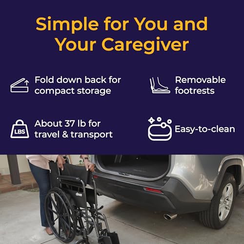 Drive Medical Silver Sport 1 Folding Transport Wheelchair - Lightweight Mobility Support - Full Armrests - Removable Swin...