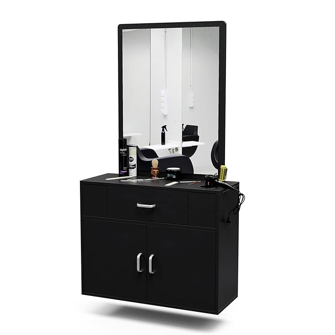 Wall Mount Salon Station Barber Stations Styling Station with Mirror Drawer Storage Cabinet Spa Salon Equipment(Black)
