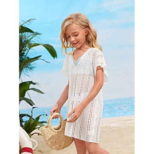 SOLY HUX Girl's V Neck Crochet Short Sleeve Beach Dress Summer Swimsuit Bikini Cover Up