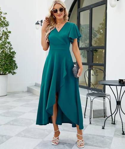 Formal Dresses for Women Gowns Evening Party Cocktail Dress,Split Elegant V Neck Wrap Ruffle Wedding Guest Dresses
