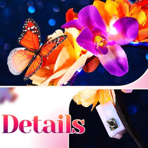 DRESBE Boho Light Up Flower Headband LED Butterfly Floral Headbands Glow Hawaii Beach Party Hair Accessories for Women (Mu...