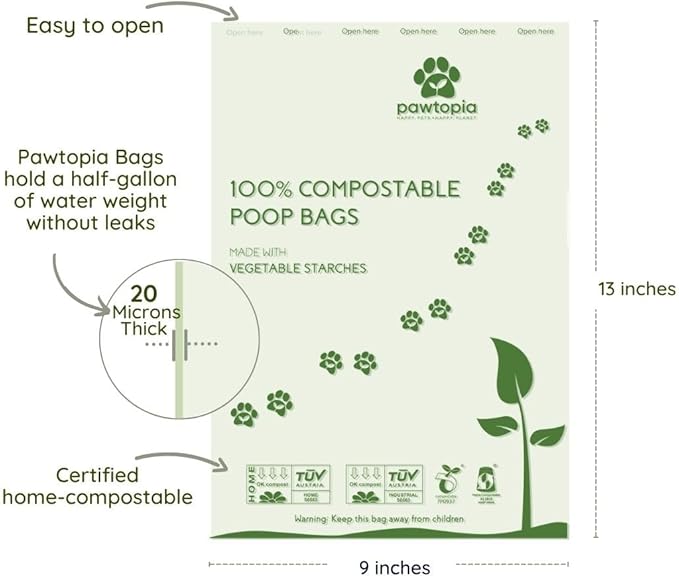 Pawtopia Certified Home Compostable Dog Poop Bags (60) + Pink Poop Bag Carrier, Biodegradable Poop Bags, Cat Litter, Vegetable Starches, Leakproof Dog Waste Bags, Easy to Open