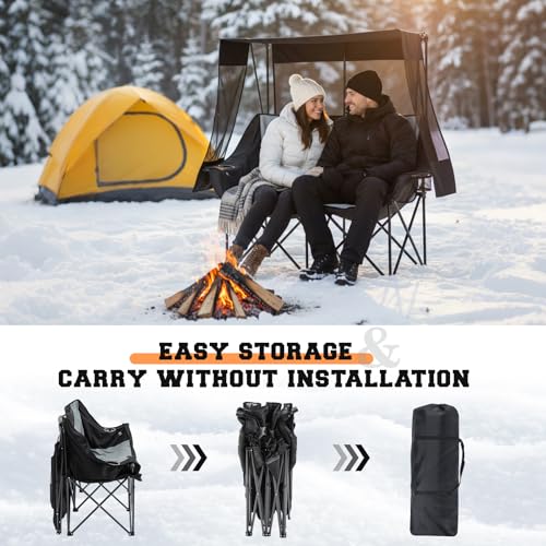 Heated Double Camping Chair with Canopy for Adult, Oversized 660lbs Folding Chair with Padded, 4 Heating Zones and 3 Heat ...