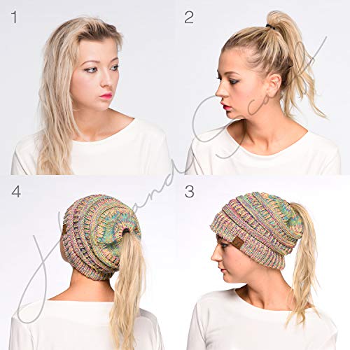 C.C Exclusives Soft Stretch Cable Knit Messy Bun Ponytail Beanie Winter Hat for Women (MB-20A)