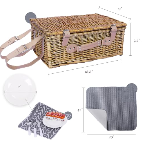 Neti Neti Wicker Picnic Basket for 4 with Insulated Cooler & Waterproof Blanket – Large Willow Picnic Hamper for Outdoor, ...