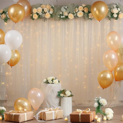 10x10ft Champagne Tulle Backdrop Curtain with Lights String for Parites, Sheer Backdrop Curtains for Wedding Baby Shower B...