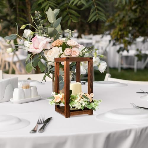 Hushee 30 Pcs Wooden Wedding Lantern Centerpiece Integrated Holders with Candles and Wreaths Rustic Wooden Candle Lantern ...
