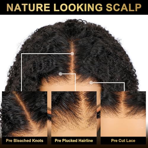 Wear and Go Glueless Bob Wig Human Hair Pre Plucked Pre Cut Bleached Knots 6x4 HD Afro Kinky Curly Lace Front Wigs Human Hair Short Curly Bob Lace Closure Wigs for Women 200% Density 12 Inch