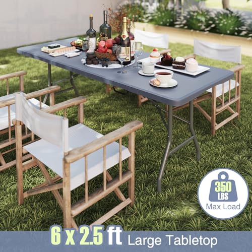 Folding Table, HDPE Portable Table with 6 ft Long Tabletop, Metal Frame Picnic Camping Table with Safe Lock, Collapsible D...