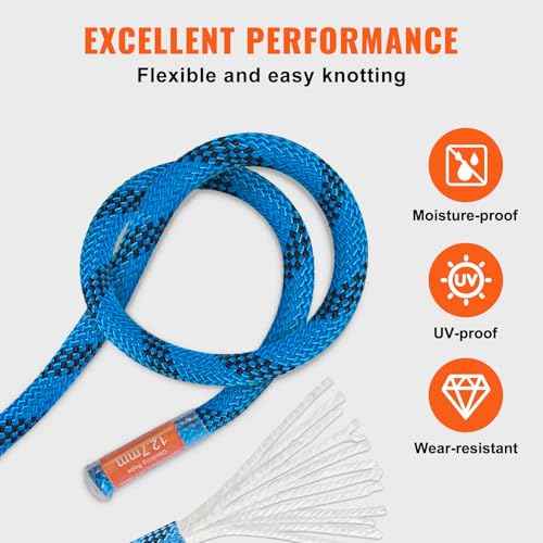 VEVOR 12.7mm Static Climbing Rope, 60.9M(200ft) Outdoor Rock Climbing Rope 30KN Breaking Tension, Fiber Rope for Escape, Rappelling, Fire Rescue, Blue
