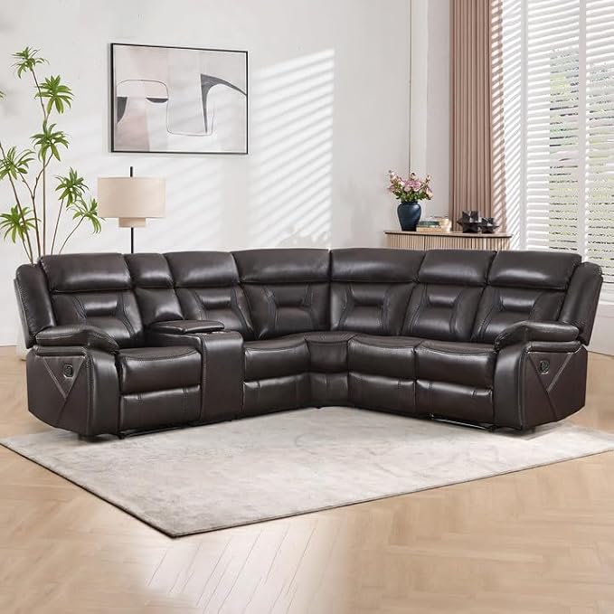 EBELLO Manual Reclining Sectional Sofa for Living Room, L-Shaped Sectional Corner Reclining Sectional Couches Home Furniture Set with Center Console, Hidden Cup Holders and Storage, Dark Brown