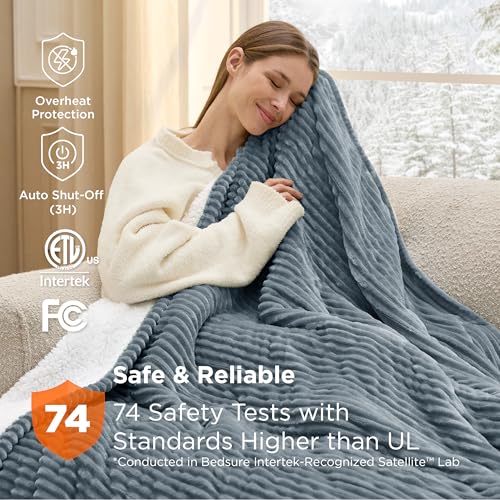 Bedsure GentleSoft Heated Blanket Electric Throw - Soft Ribbed Flannel Electric Blanket, Heating with 4 Time Settings, 6 H...