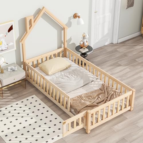 Lighluxstly Twin Size Montessori Floor Bed with Fence and Door, House-Shaped Headboard Floor Bed with Full-Length Guardrails, Floor House Bed for Teens