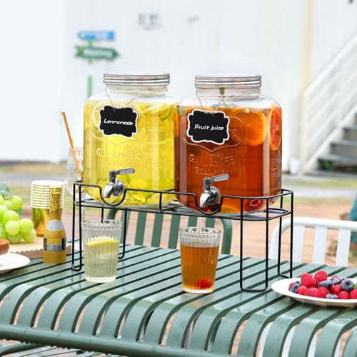 1.6 Gallon Glass Drink dispenser, 2 PCS Beverage Dispenser With Stand, Lemonade Dispenser with Stainless Steel Spigot,Drin...