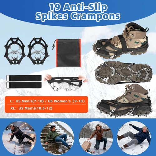 Crampons 19 Stainless Steel Spikes Ice Cleats for Shoes and Boots,Snow Traction Cleats Ice Grips for Hiking, Mountain Clim...