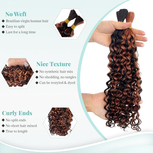 30 Inch Water Wave Boho Hair for Braiding Color #1B30 Human Braiding Hair for Boho Knotless Braids 2 Bundles 100G Deep Wave Natural Black with Brown Highlights Extensions Full Ends