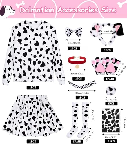 WILDPARTY 101 Days of School Costume for Girls, Dalmatian Outfit with 10PCS Accessories Spotted Top Skirt Set Halloween