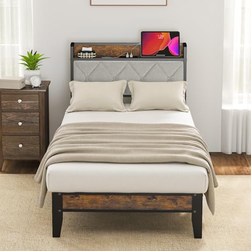 Sweetcrispy Twin Bed Frame with Headboard,Spacious Underbed Storage,Integrated Charging Station,Durable Squeak-Free Frame,Simple No-Tool Assembly,Works with Twin Mattress No Box Spring Required