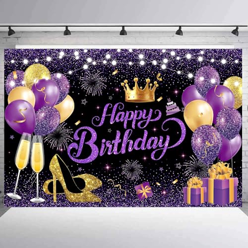 YinQin 180x120 cm Glitter Black Purple Golden Happy Birthday Party Photo Backgrounds Backdrops Cloth 71x47 inch Purple Gol...