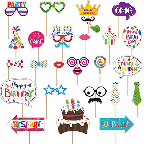 29 Pieces Birthday Photo Booth Props Kit Colorful Funny Kids Birthday Theme Table Centerpiece Craft Cutouts with Glue Poin...