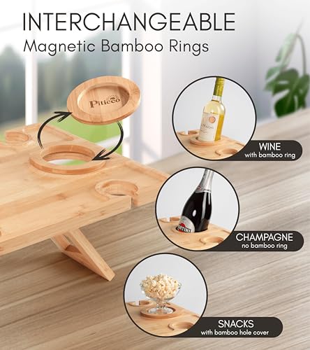 Outdoor Wine Picnic Table, Wooden Folding Picnic Table with Glass Holder, Bamboo Wine Glass Snack Tray for Indoor & Outdoo...