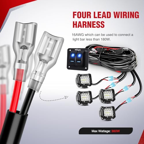 Nilight 16AWG LED Light Bar Wiring Harness Kit 12V On/Off 2 Gang Rocker Switch Panel Power Relay Blade Fuse 5Pin Toggle Sw...