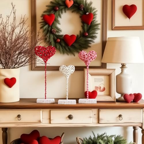 Thyle 3 Pcs Valentines Day Rustic Heart Table Sign Decor Rattan Woven Handmade Love Tall Standing Heart Block Set for Home...