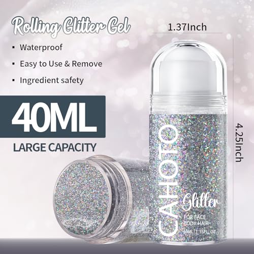 CAHOTO Silver Rolling Glitter for Face Body & Hair, Sparkling Holographic Chunky Shimmer, Roll-on Sequins for Singer Conce...