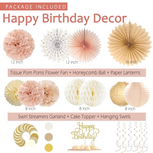 Champagne-Gold Beige Birthday Decorations for Women Girls,Cream Neutral Balloons Décor,Happy Banner,Boho Peach Paper Lante...