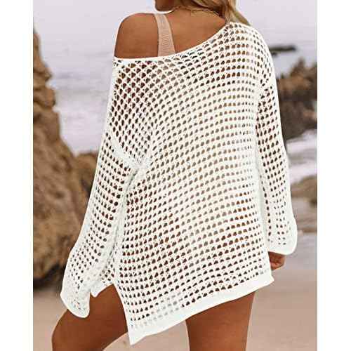 ZESICA Women's 2025 Summer Crochet Hollow Out Long Sleeve Beach Bikini Swimsuit Mesh Cover Up Tunic Top