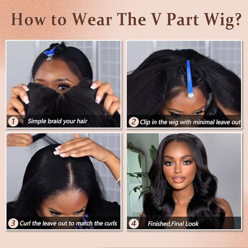 V Part Wig Human Hair Body Wave Upgrade U Part Human Hair Wig With Adjustable Drawstring 200% Density V Shape Clip In Half Wig For Women Natural Color 16 Inch