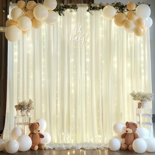 10x10ft Ivory White Chiffon Backdrop Curtain with Lights String for Wedding Sheer Tulle Curtain Photo Backdrops Drapes for...