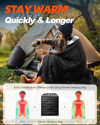 MEREZA Flannel Double Sleeping Bag for Adults Cold Weather, XL Queen Size Sleeping Bag for All Season 2 Person Big and Tal...