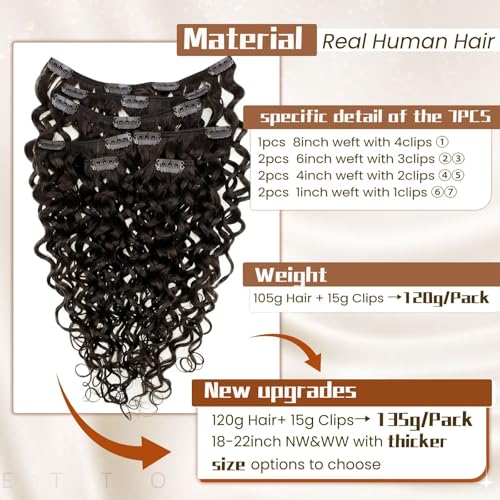Hetto Curly Clip in Hair Extensions Human Hair 18inch 120g 7pcs #2 Darkest Brown Curly Clip in Human Hair Extensions Natural Wavy Clips in Extension Human Hair