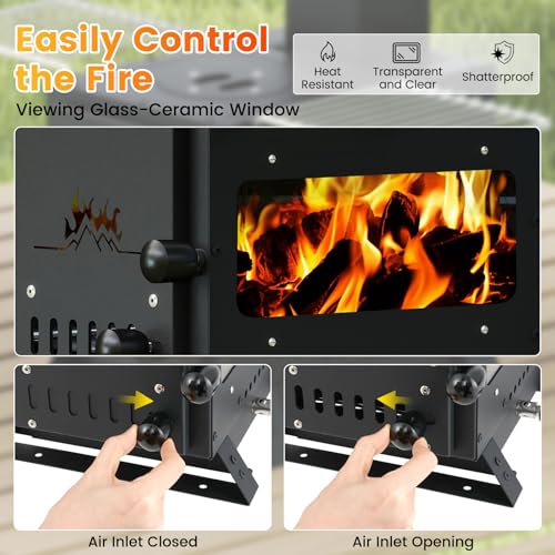 Giantex Portable Wood Burning Stove, Hot Tent Stove with 3 Cooking Positions, Anti-scalding Door Handle, Glass Window & 2 ...