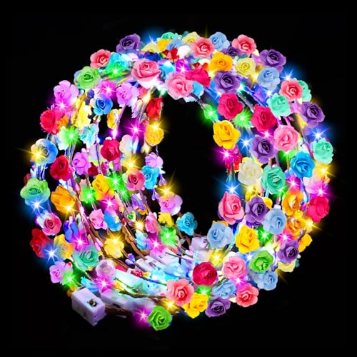 Valentines Day Gifts, 24 PCS LED New Year Flower Crowns Headbands, Light Up Flower Crowns for Women & Girls, Glow in The D...