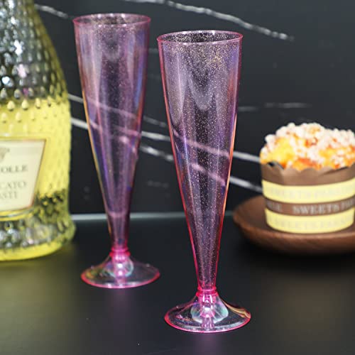 Homy Feel Pink Glitter Plastic Pink Wine Glasses 30 Pack,5 OZ Champagne Flutes Disposable for Party,Plastic Champagne Flut...